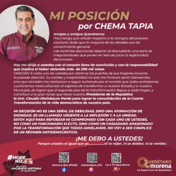 La Cuarta Transformación se consolidará en Querétaro: Chema Tapia